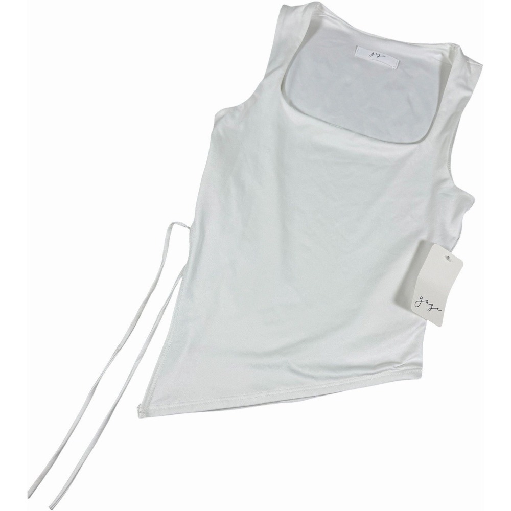 Gaze Womens Small White NWT Asymmetrical Side Tie Square Neck Tank Top Shirt S
